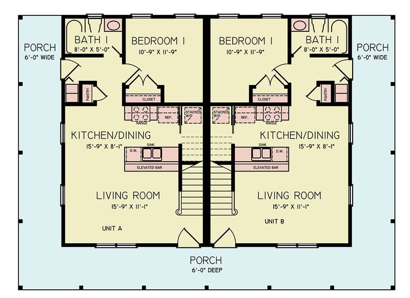 Plan 25847GE: 3-Bed Symmetrical Multi-Family House Plan with Wrap-Around Porch - 1280 Sq  Ft Per Unit - Floor Plan - Main Level - Country, Rustic