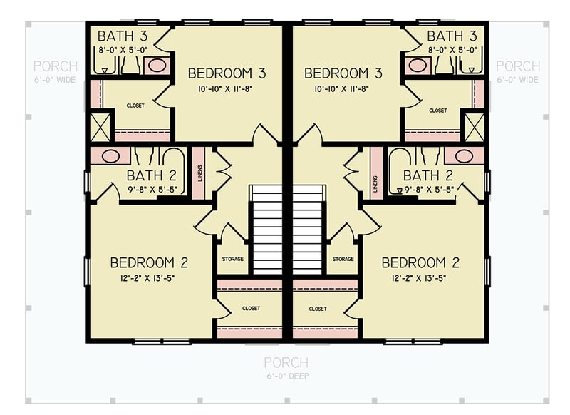 Plan 25847GE: 3-Bed Symmetrical Multi-Family House Plan with Wrap-Around Porch - 1280 Sq  Ft Per Unit - Floor Plan - 2nd Floor - Country, Rustic