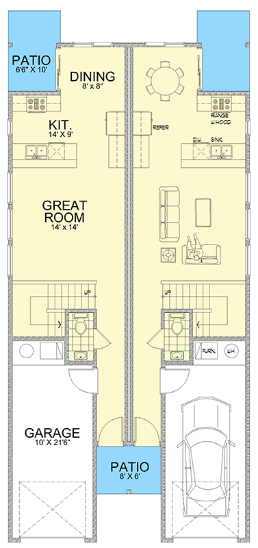 Plan 267065SPK: Traditional Duplex House Plan with Matching 3-Bed Units - Under 1500 Sq Ft Per Unit - Floor Plan - Main Level - Traditional