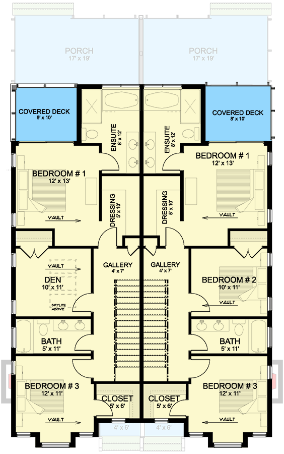 Plan 147034RML: Two-Story Contemporary European Duplex Plan with Rear Covered Porch - 2016 Sq Ft Per Unit - Floor Plan - 2nd Floor - Contemporary, European