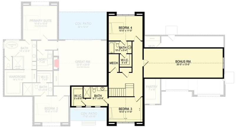 Plan 493030GNT: 4-Bedroom Transitional House Plan with Bonus Room Above Garage - 3632 Sq Ft - Floor Plan - 2nd Floor - European, Transitional