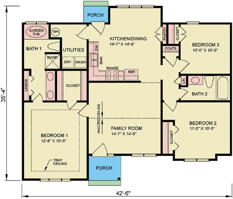 Plan 25850GE: 3-Bedroom Traditional Ranch House Plan with Closed Floor Plan - 1261 Sq Ft - Floor Plan - Main Level - Ranch, Traditional