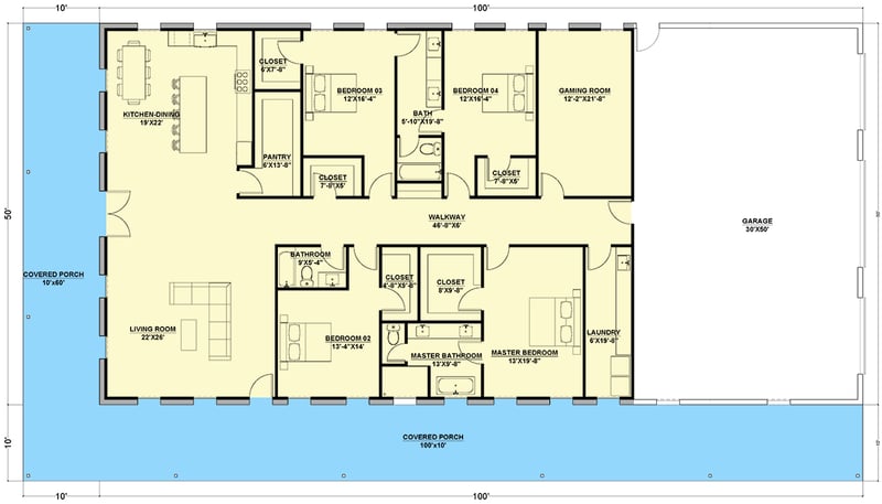 Plan 530137KTE: Traditional Ranch-Style Barndominium Plan with 4-Beds and Wrap Around Porch - 3500 Sq Ft - Floor Plan - Main Level - Barndominium, Country, Ranch, Traditional