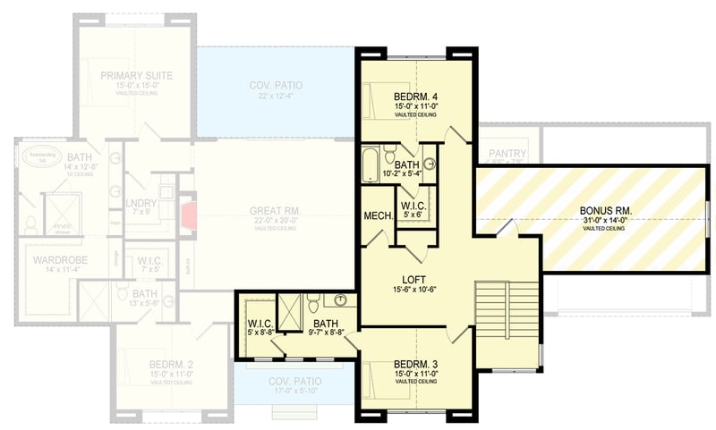 Plan 493031GNT: 4-Bed Transitional House Plan with Unfinished Bonus Room Above Garage - 3744 Sq Ft - Floor Plan - 2nd Floor - European, Transitional