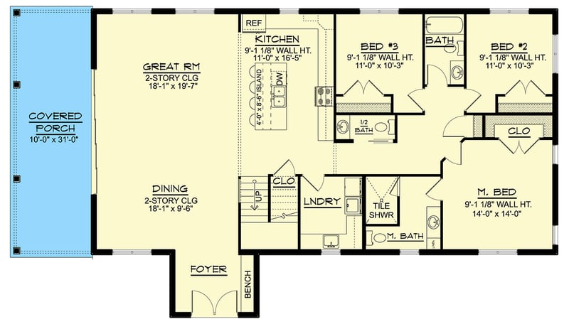 Plan 135343GRA: 6-Bedroom Barndominium House Plan with Two-Master Suites - 2545 Sq Ft - Floor Plan - Main Level - Barndominium