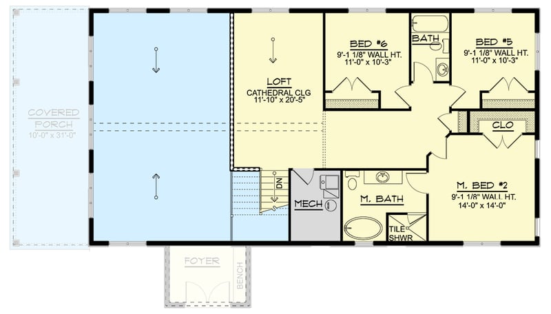 Plan 135343GRA: 6-Bedroom Barndominium House Plan with Two-Master Suites - 2545 Sq Ft - Floor Plan - 2nd Floor - Barndominium