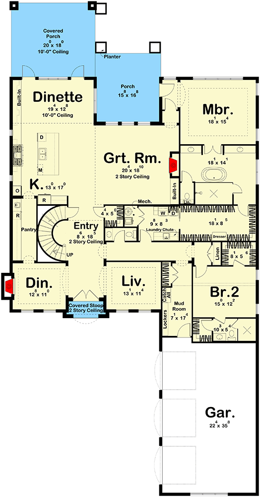 Plan 623504DJ: Two-Story European House Plan with Upstairs Family Room and Library  - 5041 Sq Ft - Floor Plan - Main Level - Colonial, European