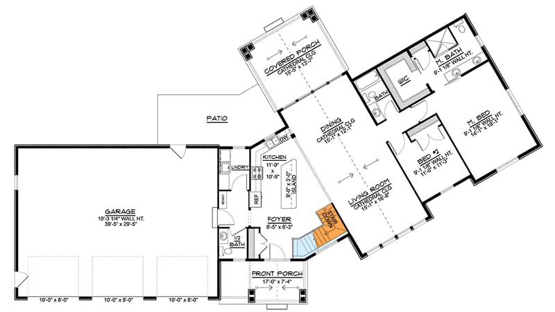 Plan 135348GRA: 2-Bed Mountain Ranch House Plan with Open Concept Living - 1785 Sq Ft - Floor Plan - Basement Stairs Location - Mountain, Ranch