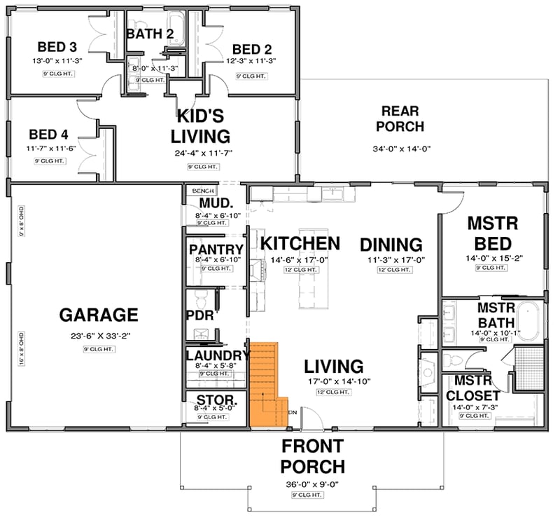 Plan 600015PDZ: 4-Bed Modern Farmhouse Ranch with Kid's Wing - 2524 Sq Ft - Floor Plan - Basement Stairs Location - Barndominium, Country, Modern Farmhouse, Ranch