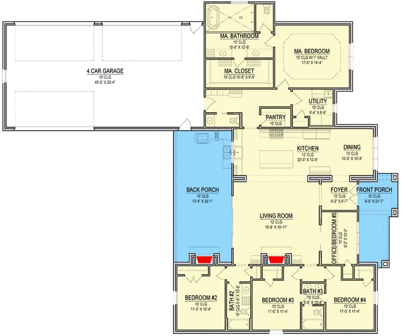 Plan 170001ADS: 4-Bed Southern-Style Craftsman House Plan with Outdoor Fireplace - 2578 Sq Ft - Floor Plan - Main Level - Craftsman, Ranch, Southern, Traditional