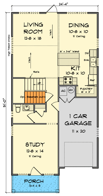 Plan 52430WM: Narrow Traditional House Plan with Vaulted Living Space - 1575 Sq Ft - Floor Plan - Main Level - Cottage, Traditional