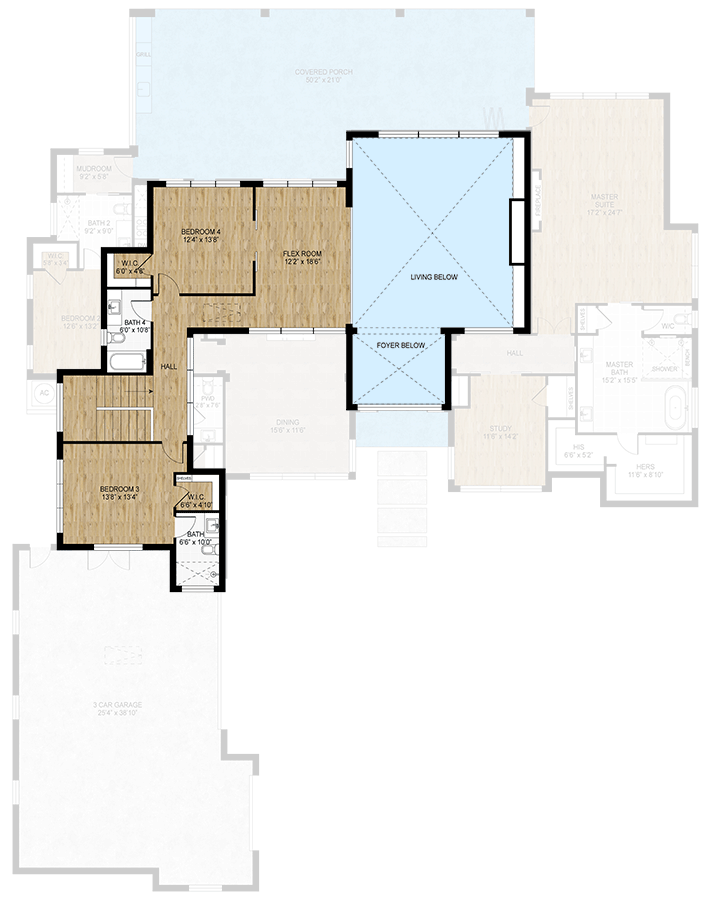 Plan 430133LY: 4-Bed Contemporary Modern House Plan with 2-Story Great Room - 4309 Sq Ft - Floor Plan - 2nd Floor - Contemporary, Modern