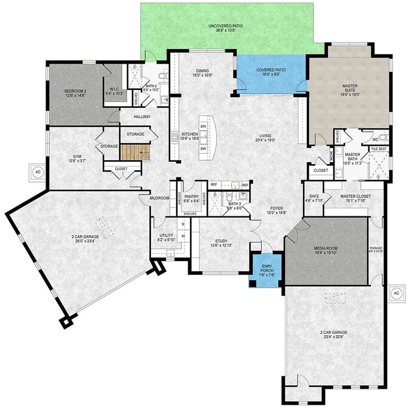 Plan 430137LY: Two-Story Contemporary House Plan with Media Room - 4467 Sq Ft - Floor Plan - Main Level - Contemporary