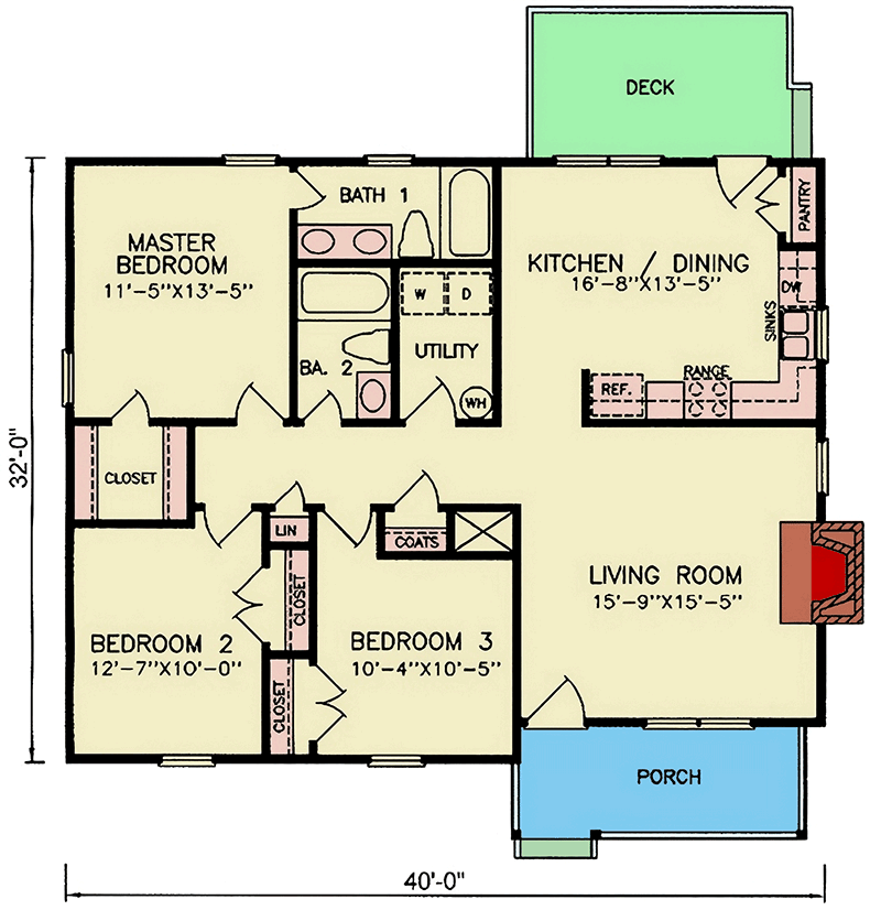 Plan 25872GE: Single-Story Country Ranch House Plan with Closed Floor Plan - 1248 sq Ft - Floor Plan - Main Level - Country, Ranch