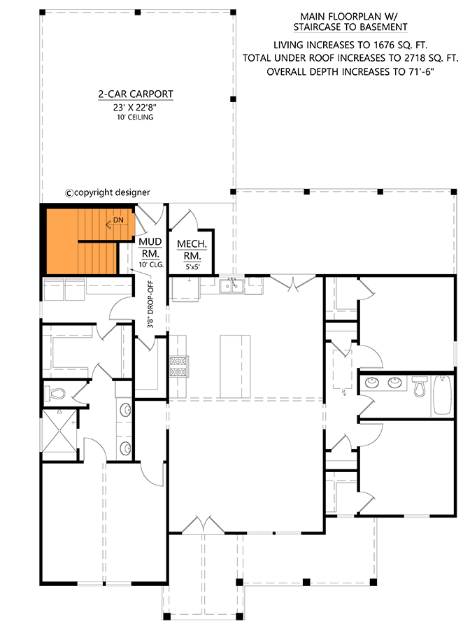 Plan 56556SM: 3-Bed Modern Farmhouse Cottage with Vaulted Master Bedroom - 1550 Sq Ft - Floor Plan - Basement Stairs Location - Cottage, Country, Craftsman, Modern Farmhouse