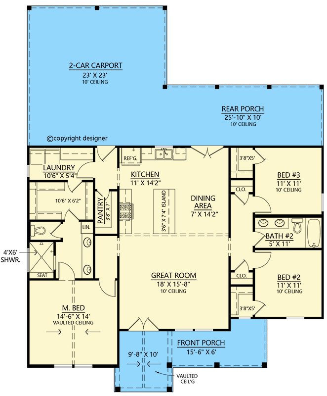 Plan 56556SM: 3-Bed Modern Farmhouse Cottage with Vaulted Master Bedroom - 1550 Sq Ft - Floor Plan - Main Level - Cottage, Country, Craftsman, Modern Farmhouse