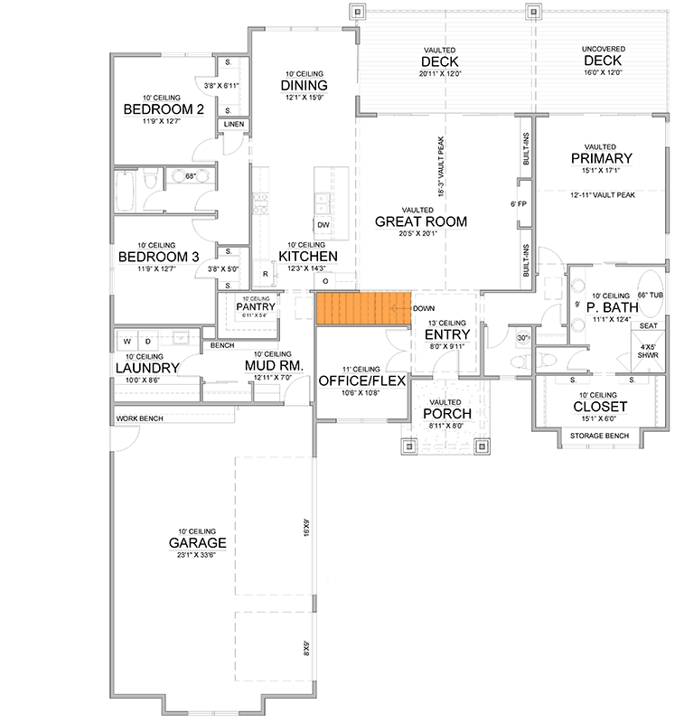 Plan 365056PED: 3 or 5 Bed Modern Farmhouse Plan with Office or Flex Room - 2500 Sq Ft - Floor Plan - Main Level - Basement Stairs Location ($ Paid Option) - Modern Farmhouse, New American