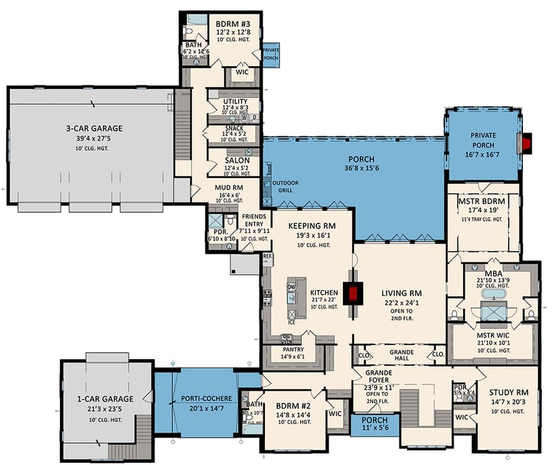 Plan 510255WDY: 5-Bedroom Transitional House Plan with Media Room and Bonus Room - 6413 Sq Ft - Floor Plan - Main Level - Transitional