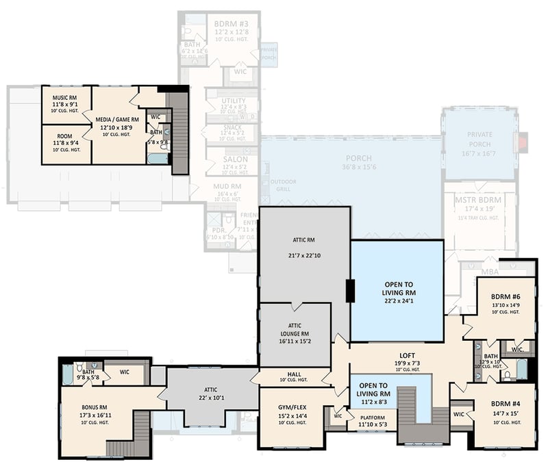 Plan 510255WDY: 5-Bedroom Transitional House Plan with Media Room and Bonus Room - 6413 Sq Ft - Floor Plan - 2nd Floor - Transitional