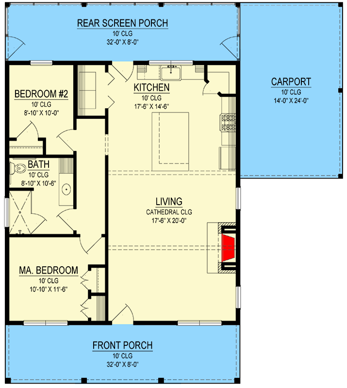 Plan 170006ADS: 2-Bed Modern Farmhouse Cottage Plan with Rear Screened-In Porch - 1152 Sq Ft - Floor Plan - Main Level - Cottage, Farmhouse, Modern Farmhouse, Vacation