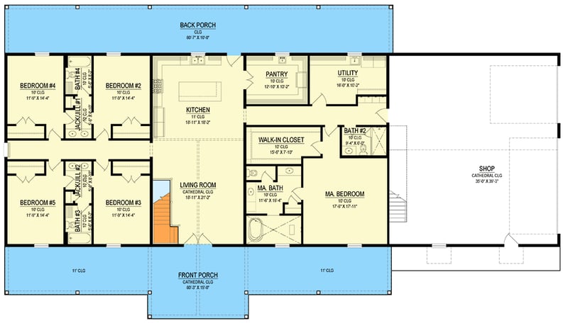 Plan 170008ADS: Craftsman Ranch House Plan with Multiple Jack & Jill Bathrooms for Sloping Lot - 3210 Sq Ft - Floor Plan - Main Level - Country, Craftsman, Ranch