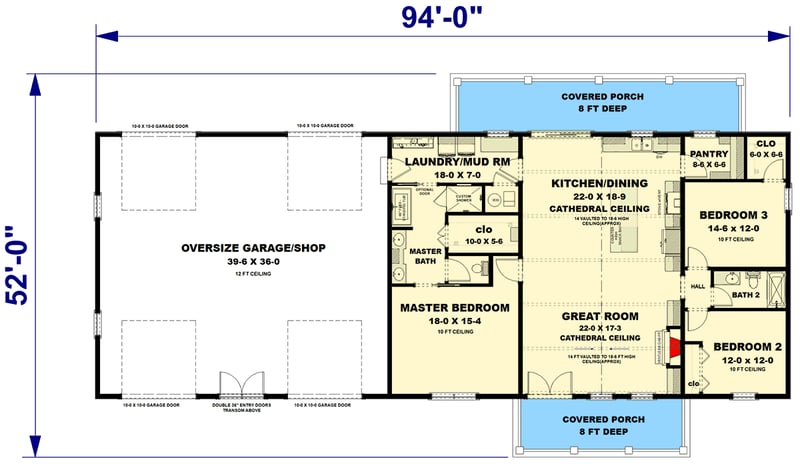 Plan 25065DH: 3-Bed Barndominium House Plan with Oversized 4-Car Garage - 1962 Sq Ft - Floor Plan - Main Level - Barndominium