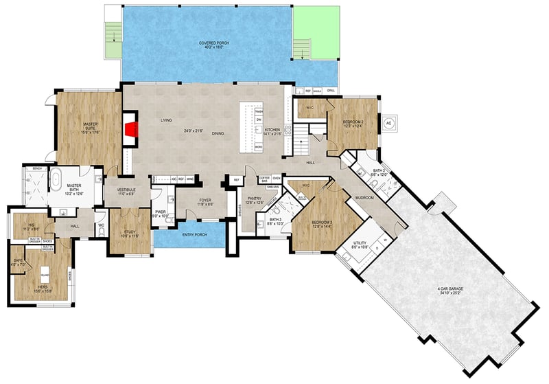 Plan 430142LY: 4-Bedroom Contemporary House Plan with Angled 4-Car Garage - 3908 Sq Ft - Floor Plan - Main Level - Contemporary