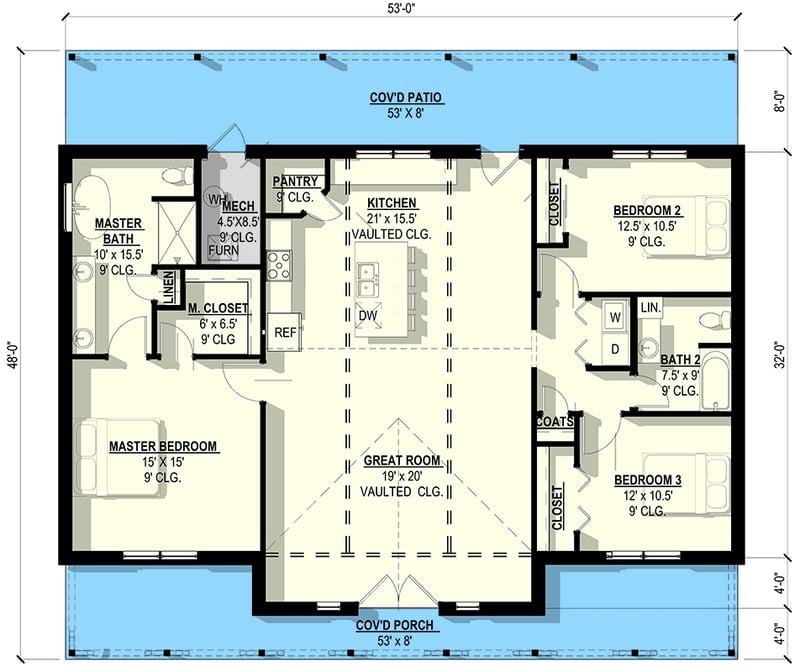 Plan 405011FDC: 3-Bedroom Modern Ranch Plan with Vaulted Great Room and Dual Porches - Floor Plan - Main Level - Country, Ranch