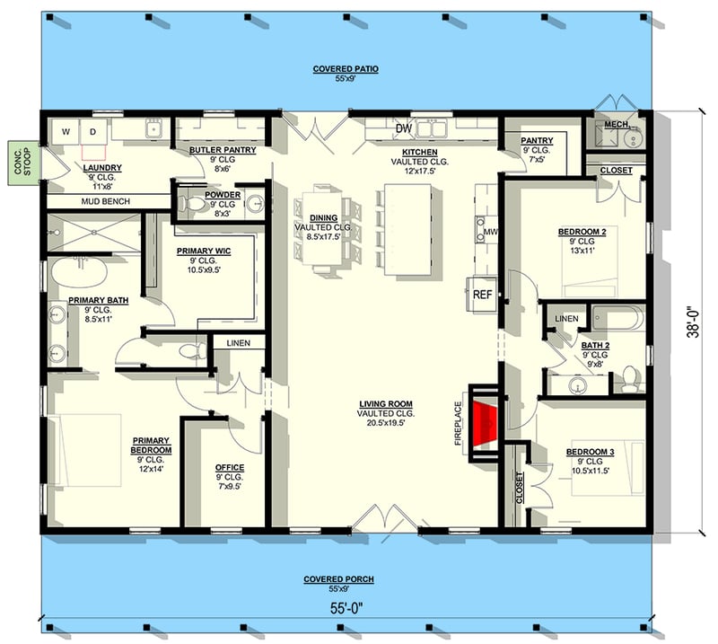 Plan 405017FDC: 3-Bed Modern Farmhouse Plan with Vaulted Living Room & Covered Outdoor Living - Floor Plan - Main Level - Country, Farmhouse