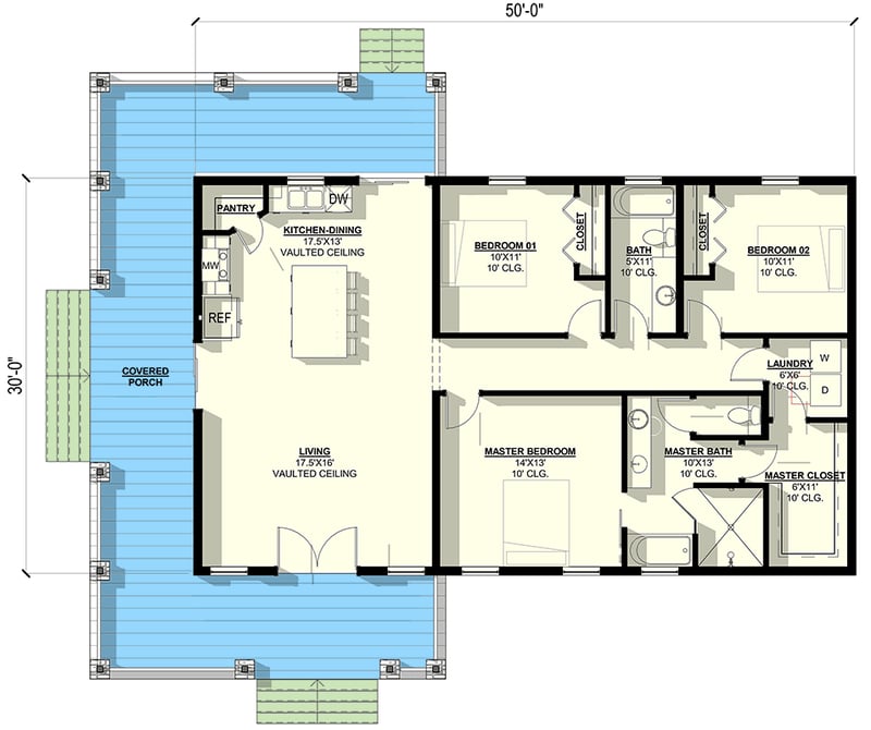 Plan 405021FDC: Charming 3-Bed Farmhouse Plan with Vaulted Living and Kitchen Spaces - Floor Plan - Main Level - Cottage, Country, Farmhouse