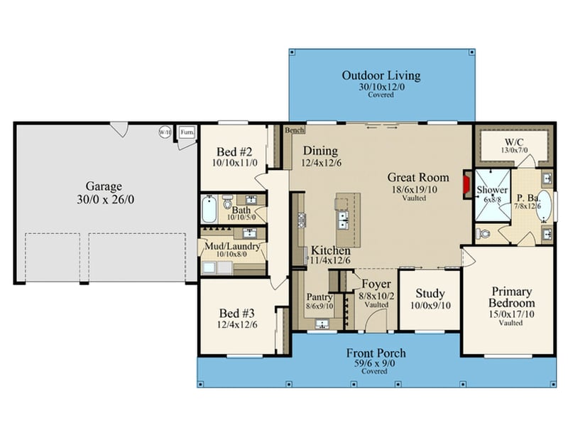 Plan 85462MS: 3-Bed Mountain Style House Plan with Expansive Front Porch - 2209 Sq Ft - Floor Plan - Main Level - Mountain, New American, Ranch