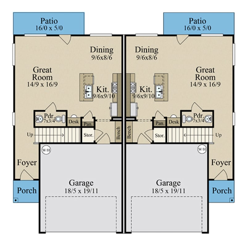 Plan 85470MS: 3-Bed Multi-Family House Plan with 2 Car Garage -1767 Sq Ft Per Unit - Floor Plan - Main Level - Contemporary