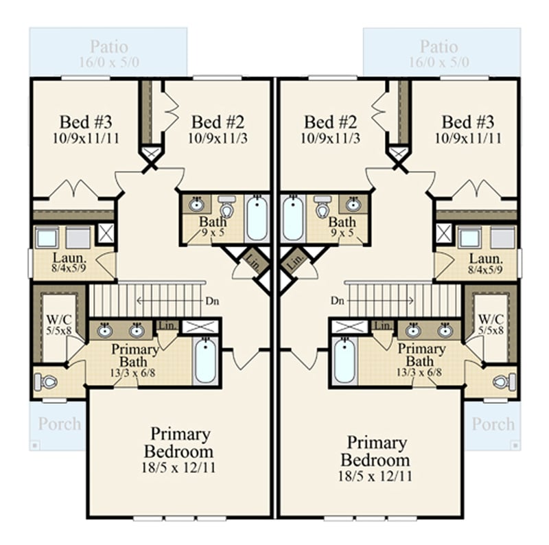 Plan 85470MS: 3-Bed Multi-Family House Plan with 2 Car Garage -1767 Sq Ft Per Unit - Floor Plan - 2nd Floor - Contemporary