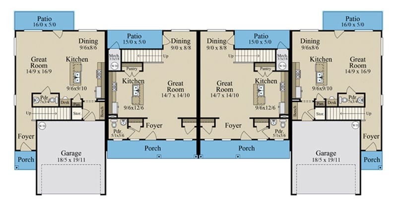 Plan 85471MS: Two-Story Quadplex House Plan with Matching End Units and Middle Units - Floor Plan - Main Level - Contemporary, Farmhouse