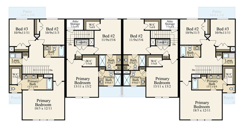 Plan 85471MS: Two-Story Quadplex House Plan with Matching End Units and Middle Units - Floor Plan - 2nd Floor - Contemporary, Farmhouse