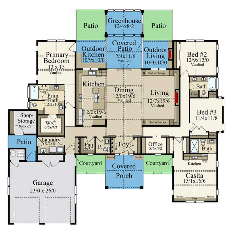 Plan 85474MS: 4-Bed Transitional House Plan with Greenhouse and Outdoor Fireplace - 2575 Sq Ft - Floor Plan - Main Level - New American, Transitional