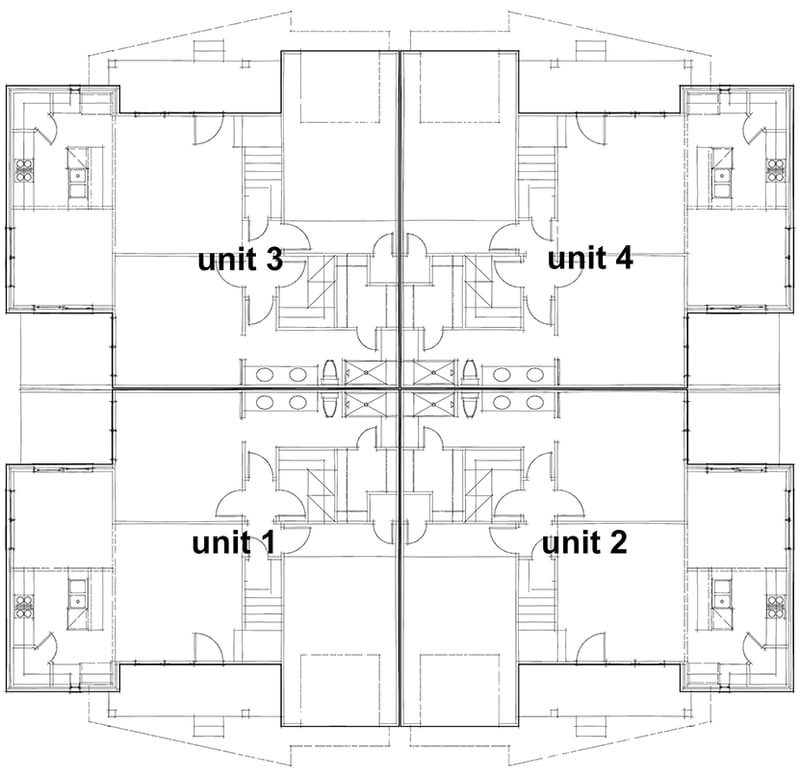 Plan 16940WG: 3-Bedroom Two-Story Fourplex with Vaulted Great Room- 1380 Sq Ft Per Unit - Floor Plan - First Floor  Layout - Contemporary