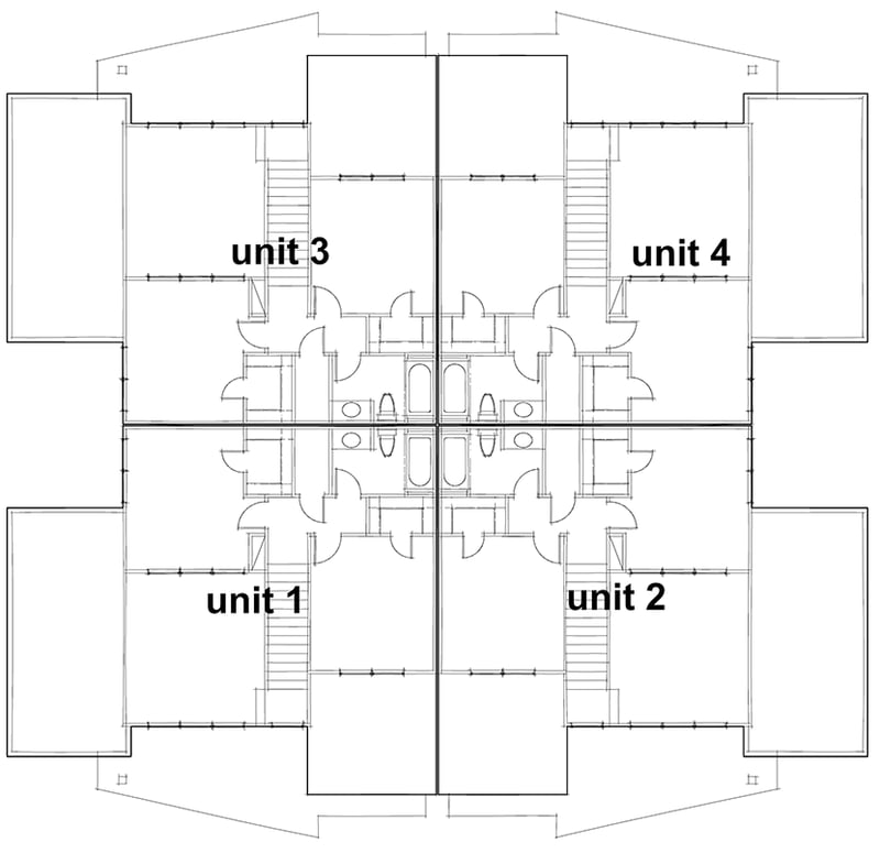 Plan 16940WG: 3-Bedroom Two-Story Fourplex with Vaulted Great Room- 1380 Sq Ft Per Unit - Floor Plan - Second Floor Layout - Contemporary