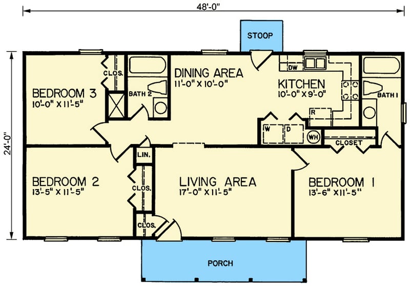 Plan 25877GE: 3-Bed Traditional Farmhouse With Open Family Room - 1152 Sq Ft - Floor Plan - Main Level - Farmhouse, Traditional