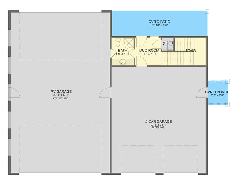 Plan 61629UT: 4-Bay Traditional Garage Plan with 1-Bedroom and Living Space Upstairs - 1219 Sq Ft - Floor Plan - Main Level - Traditional