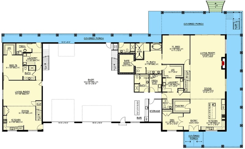 Plan 135356GRA: 4-Bed Barndominium House Plan with Attached 2-Bed Apartment - 7781 Sq Ft - Floor Plan - Main Level - Barndominium, Mountain, New American