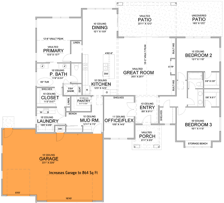 Plan 365063PED: 3 or 5 Bed Tudor-Style House Plan with Main Floor Master and Laundry Access - 2500 Sq Ft - Floor Plan - Main Level - Front Garage Option ($ Paid Option) - Transitional
