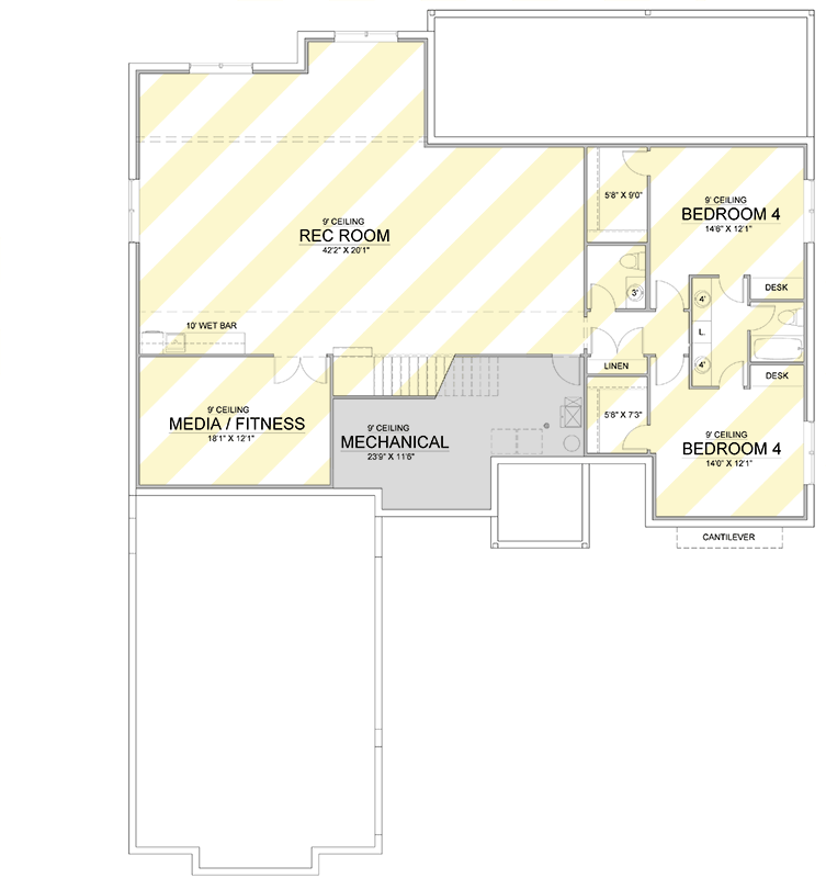 Plan 365063PED: 3 or 5 Bed Tudor-Style House Plan with Main Floor Master and Laundry Access - 2500 Sq Ft - Floor Plan - Lower Level: Optionally Finished Basement - Transitional