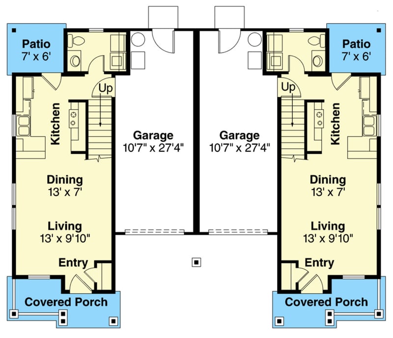 Plan 720114DA: Two-Story 2-Bed Craftsman Duplex House Plan with Each Unit Under 900 sq Ft - Floor Plan - Main Level - Craftsman, New American, Traditional