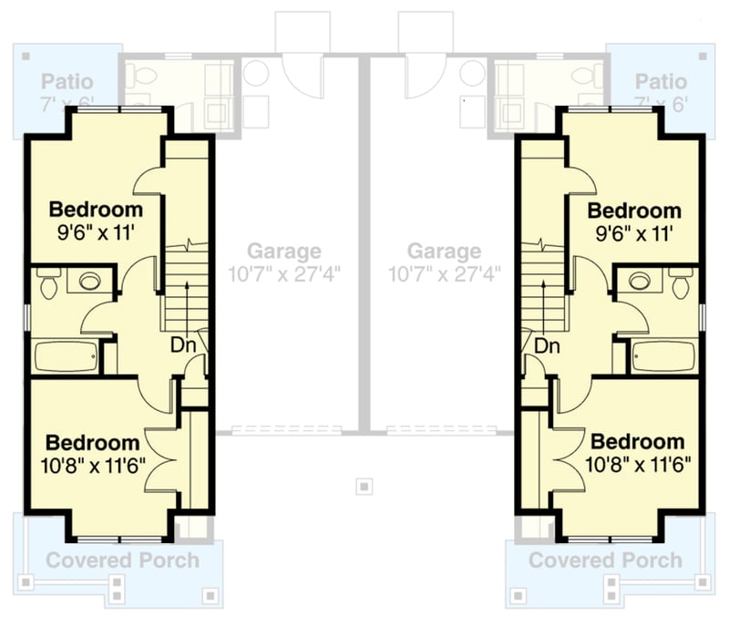 Plan 720114DA: Two-Story 2-Bed Craftsman Duplex House Plan with Each Unit Under 900 sq Ft - Floor Plan - 2nd Floor - Craftsman, New American, Traditional