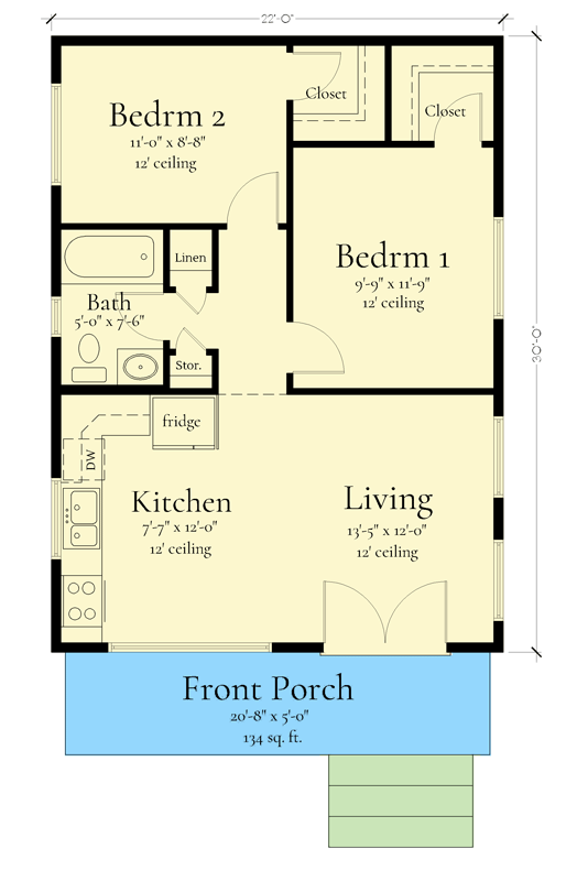 Plan 833074WAT: 2-Bed Modern-Style ADU House Plan with Open Entertainment Area Under 700 Sq Ft - Floor Plan - Main Level - Cabin, Cottage, Modern