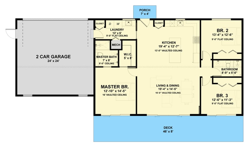Plan 337009JUN: 4-Bed Modern Farmhouse with Vaulted Ceilings and Spacious Rear Deck - Floor Plan - Main Level - Contemporary, Modern, Mountain