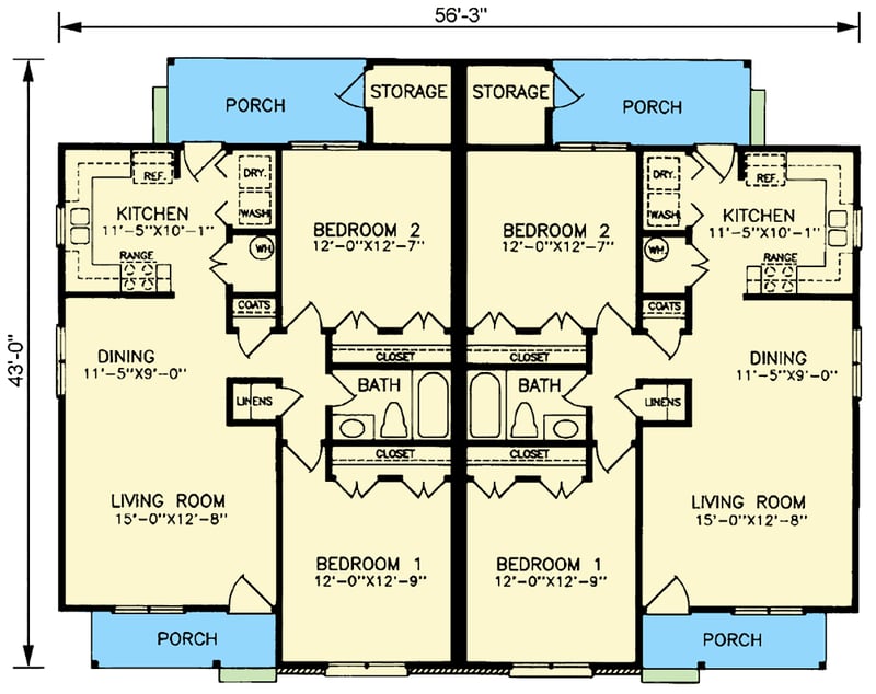 Plan 25883GE: 2-Bed Traditional-Style Duplex House Plan with Covered Porches - 985 Sq Ft - Floor Plan - Main Level - Traditional