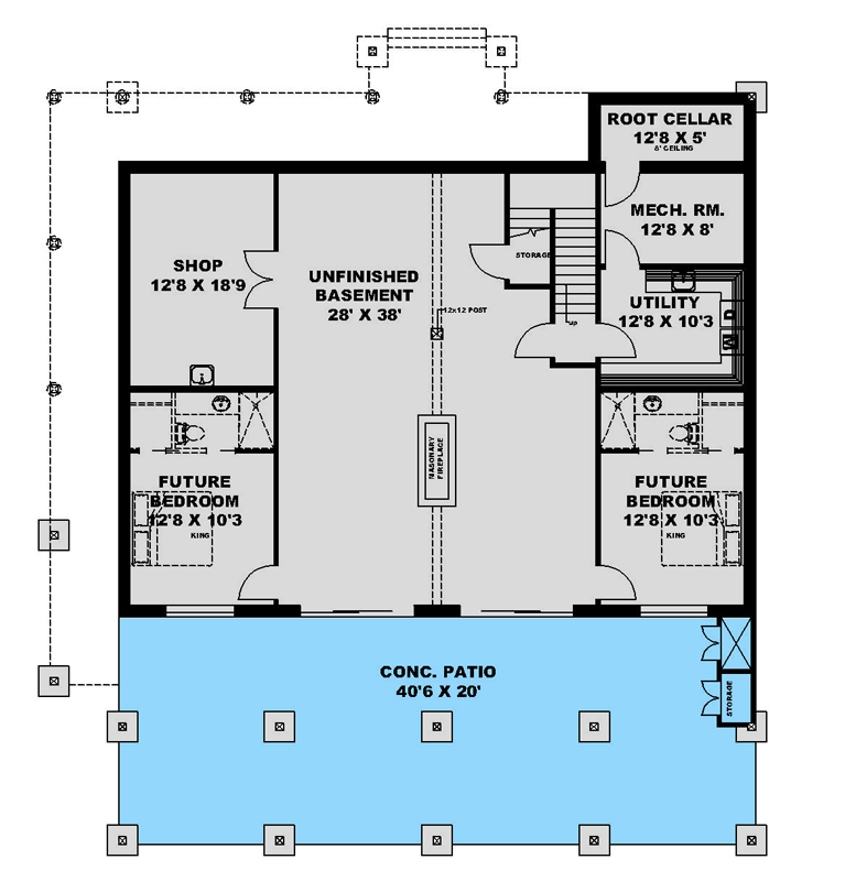 Plan 350134GH: Spacious Mountain Lodge with Loft Bunk Room and Wraparound Decks - Floor Plan - Basement Level - Log Cabin, Mountain, Rustic