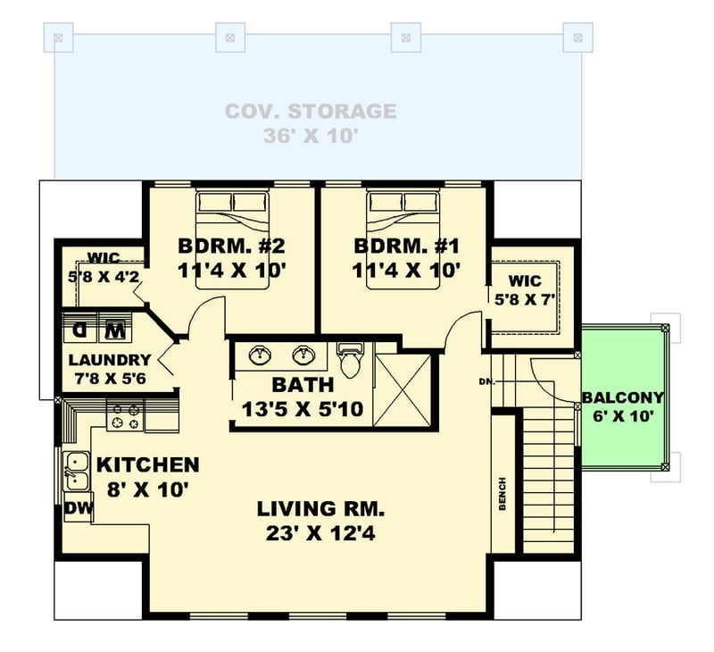 Plan 350138GH: 4-Car Tandem Garage with Covered Storage and 2-Bed Apartment Above - Floor Plan - 2nd Floor - Southern, Traditional